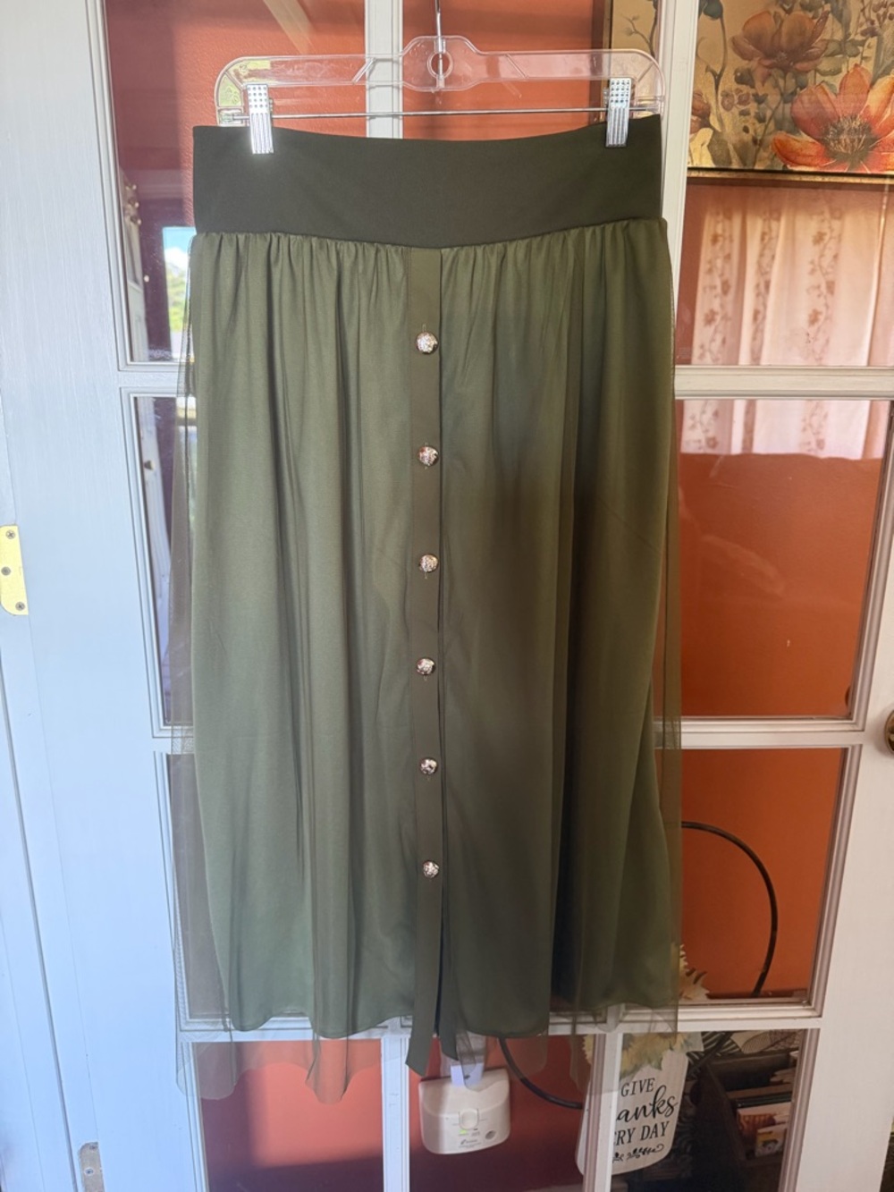Ladies Olive Green A-Line Tulle Midi Skirt with Button Front